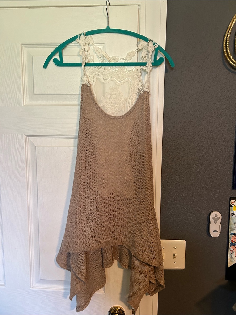 mittoshop Beige Crochet-Back Handkerchief Hem Tank Top